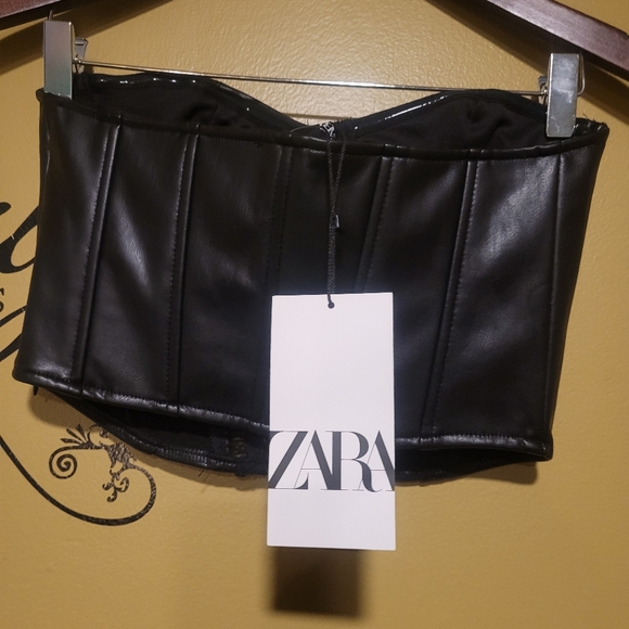 Zara Black Faux Leather & Crochet Bustier Top - Picture 3 of 8